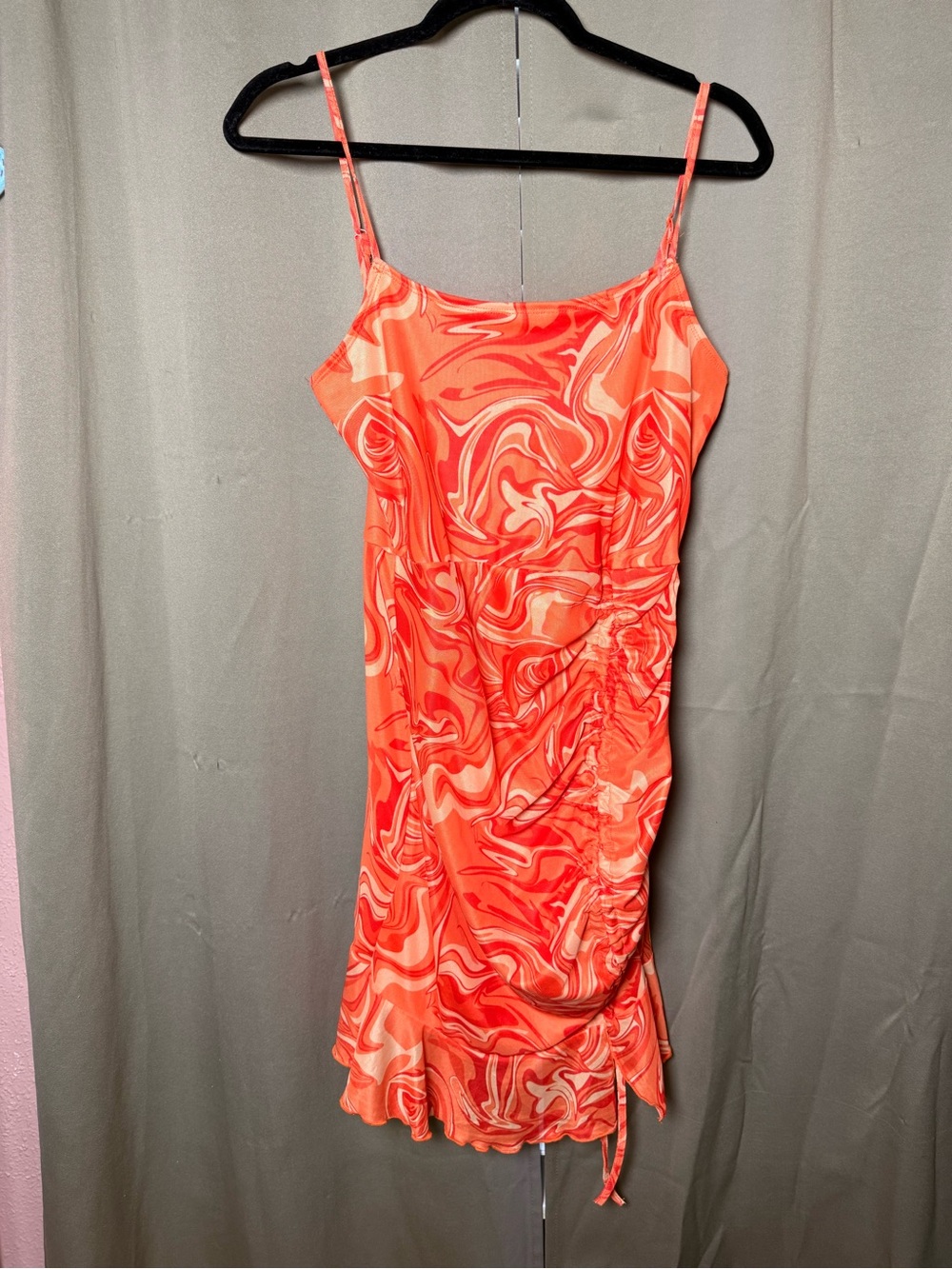 SHEIN Orange Swirl Mini Dress with Side Ruche